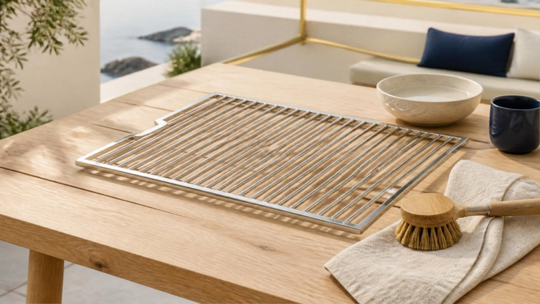 Rejilla de parrilla limpia sobre una mesa de madera clara en una terraza de estilo escandinavo, junto a un cepillo de madera y un paño de lino