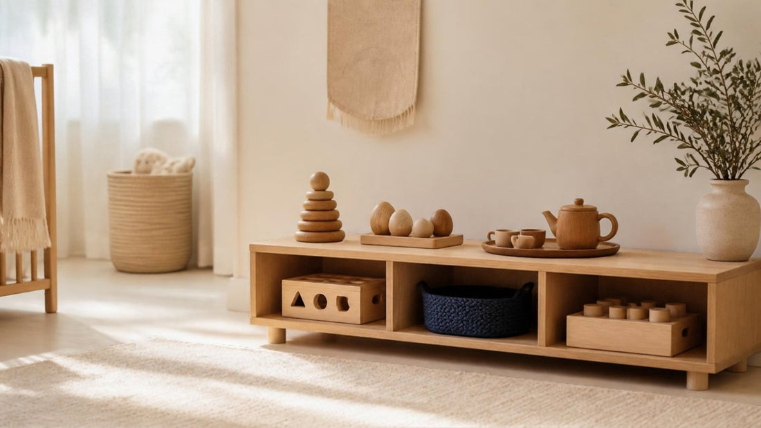 Repisa de madera con juguetes Montessori en una pieza infantil de estilo escandinavo