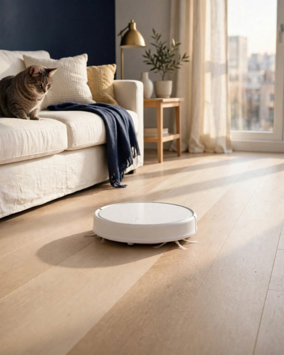 Robot aspiradora limpiando el living de una casa