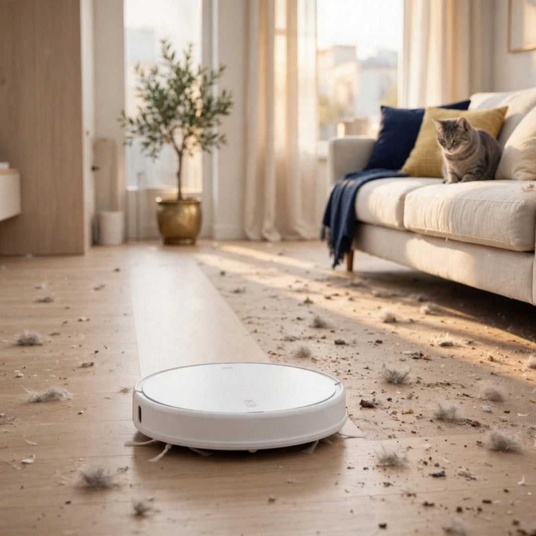Robot aspiradora recogiendo polvo y pelos de mascota del piso