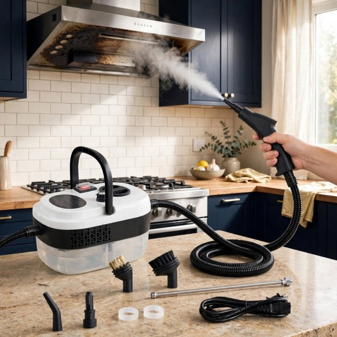Limpiadora a vapor quitando la grasa de la campana de la cocina