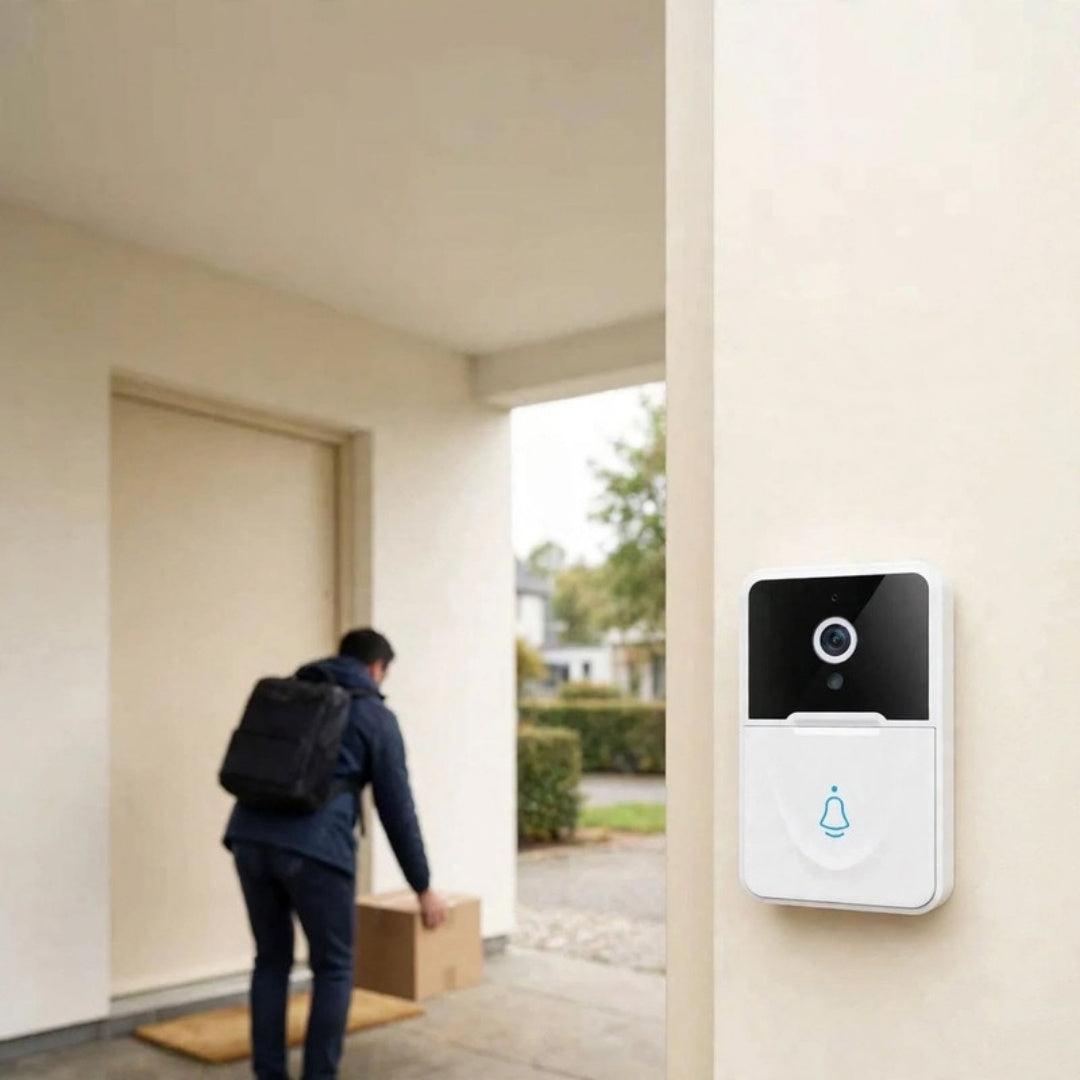 Timbre con cámara WiFi instalado en la entrada de una casa
