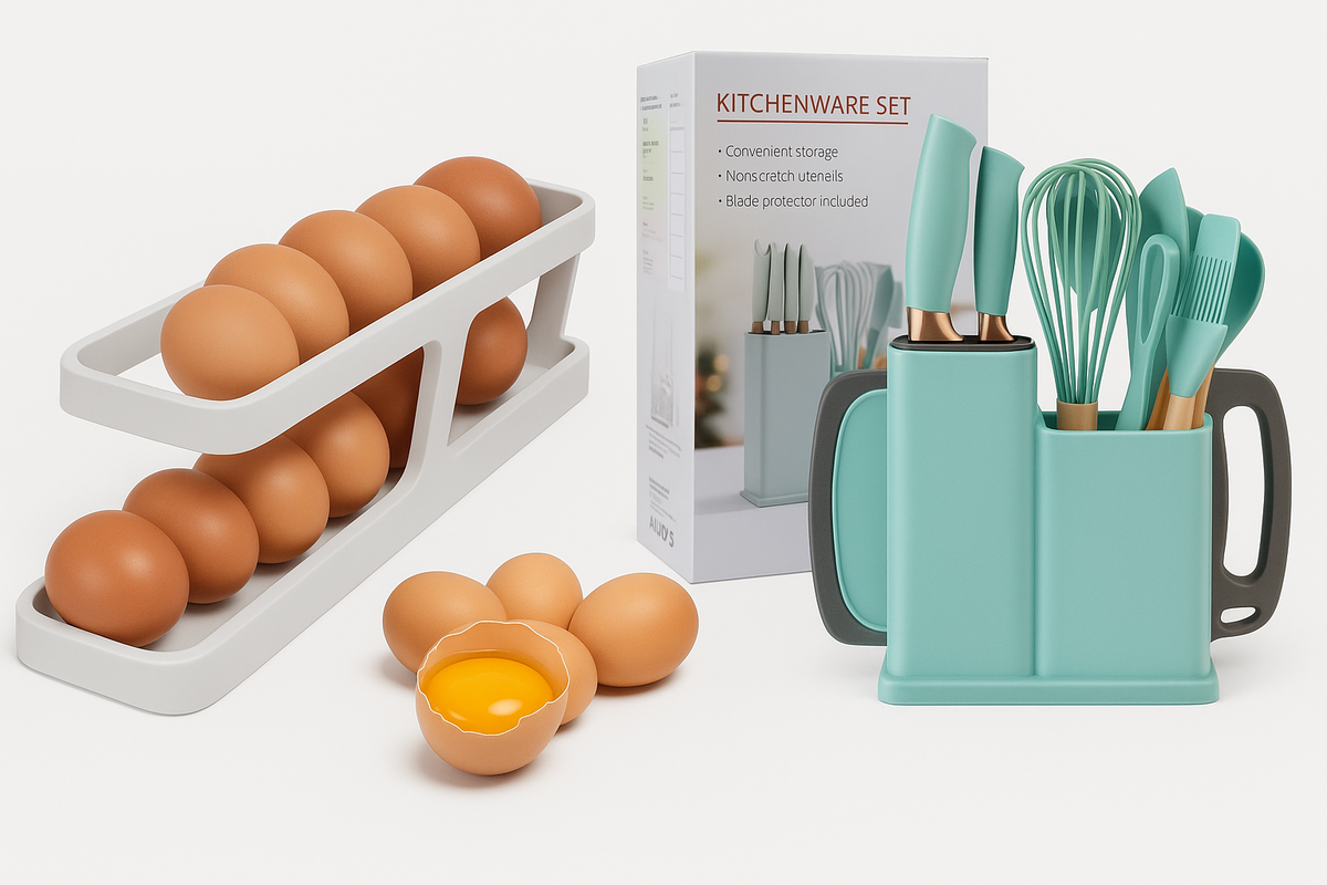 Set de Utensilios con Organizador de Huevos